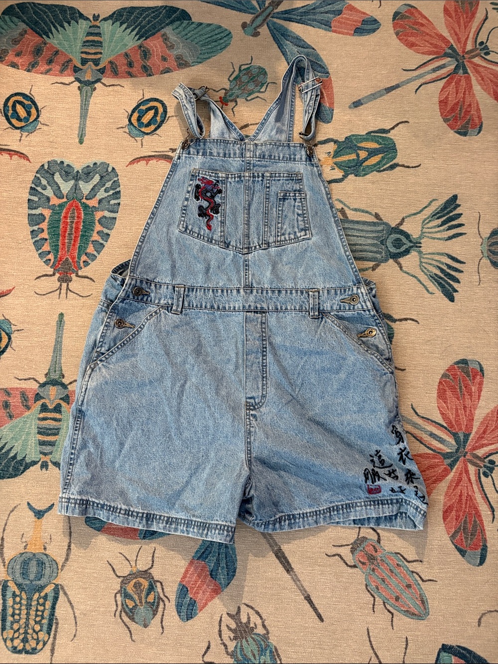 Route 66 Light Blue Denim Short Overalls with Embroidered Details